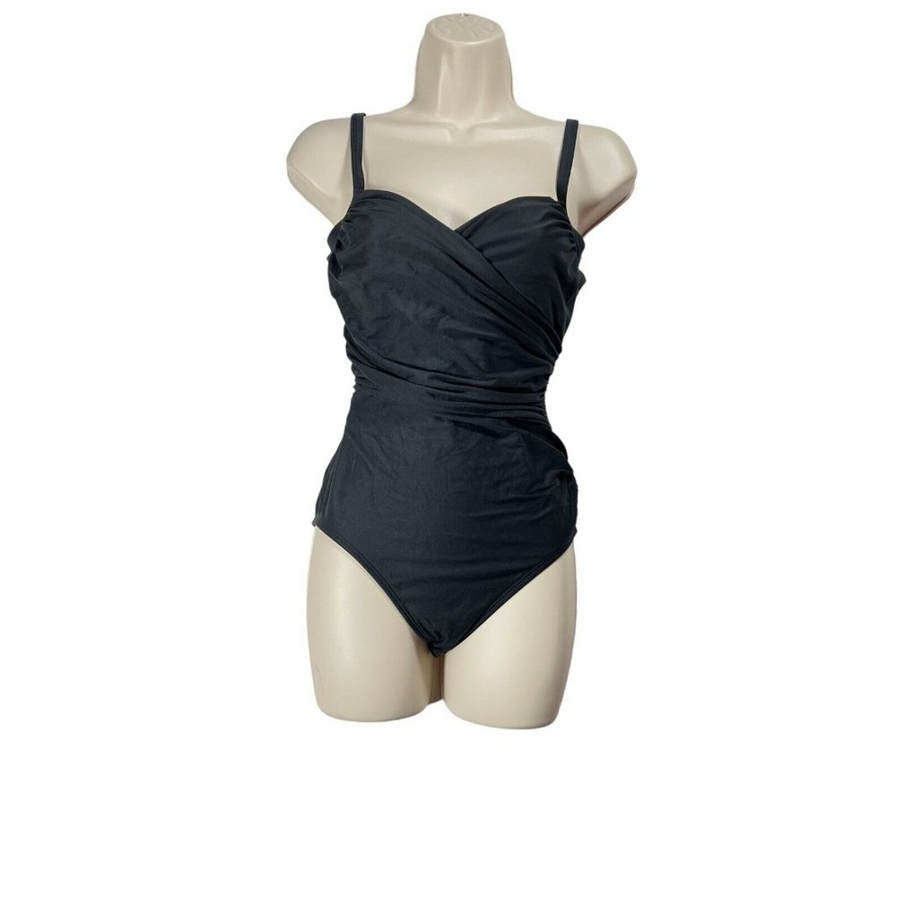 Jantzen Classic Womens Black Slimming Faux Wrap Swimsuit One-Piece 8